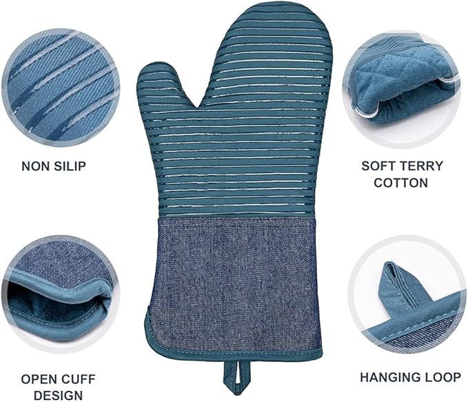 Yutat Oven Mitts, Pot Holders Set of 4 Made with Pure Cotton and Food Grade Non-Slip Silicone - 500 F Heat Resistant Oven Mitts and Pot Holders Sets for Kitchen Cooking (4pcs Set, Pc Blue and Denim)