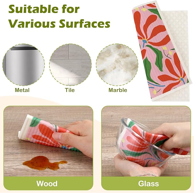 6 Packs Swedish Paper Cloths for Kitchen, Reusable Paper Towels Washable Dish Rags, Highly Absorbent Kitchen Towels Quick Drying Swedish Sponge Cleaning Dish Cloths(Bright Abstract Floral)
