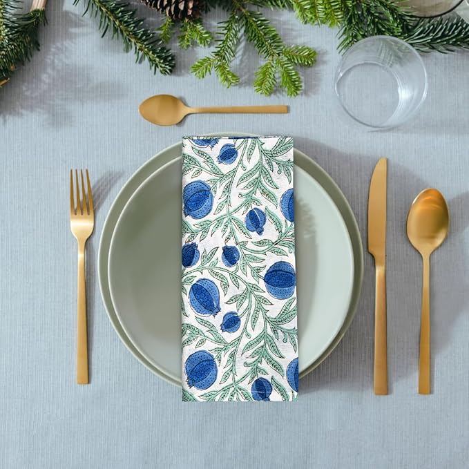 Ridhi Queen Blue Hand Block Print 100% Cotton Napkins 18" x 18" (Set of 4) Reuseable Kitchen Napkins Cloth Decor Dinner Party Wedding Cocktail Gift for Spring, Easter, Valentine