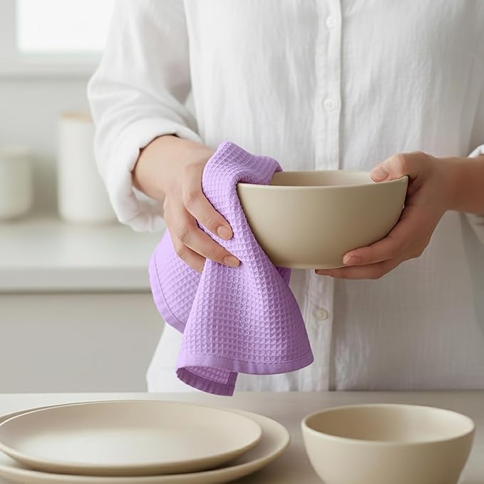 PurpleEssences Waffle Weave Kitchen Towel, 100% Cotton - 15x25 Inches with Hanging Loop, Ultra Soft Absorbent Quick Drying Dish Cloth, Tea and Hand Towels, 6 Pack - Spring Easter Summer - Lavender