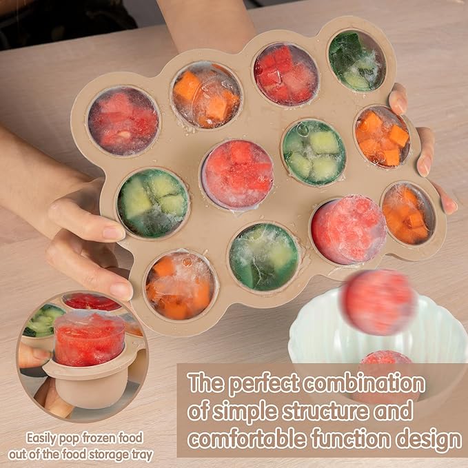 Baby Food Storage Containers 12 x 1.5OZ Silicone Freezer Tray with Lid, Food Grade Silicone Freezer Tray Containers for Purees & Vegetables Light Brown