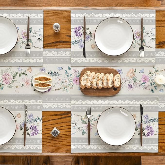 Artoid Mode Grey Printed Lace Floral Spring Placemats Set of 4, 12x18 Inch Seasonal Summer Holiday Table Mats for Party Kitchen Dining Decoration