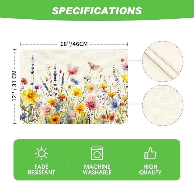 Artoid Mode Daisy Lavender Floral Leaves Spring Placemats Set of 4,12x18 Inch Seasonal Spring Table Mats for Party Kitchen Dining Decoration