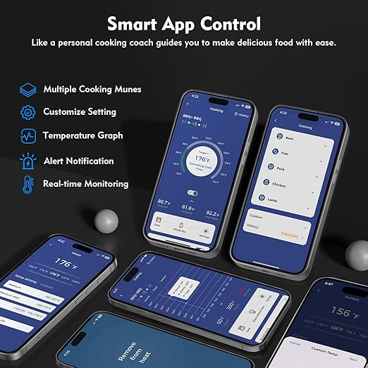 Unique Wireless Meat Thermometer, Accurate Temperature Detection Probe, 500FT Remote Monitoring, Dual Alarm, Cooking Meat Thermometer Wireless for Grilling, Smoking, Oven, BBQ, Rotisserie