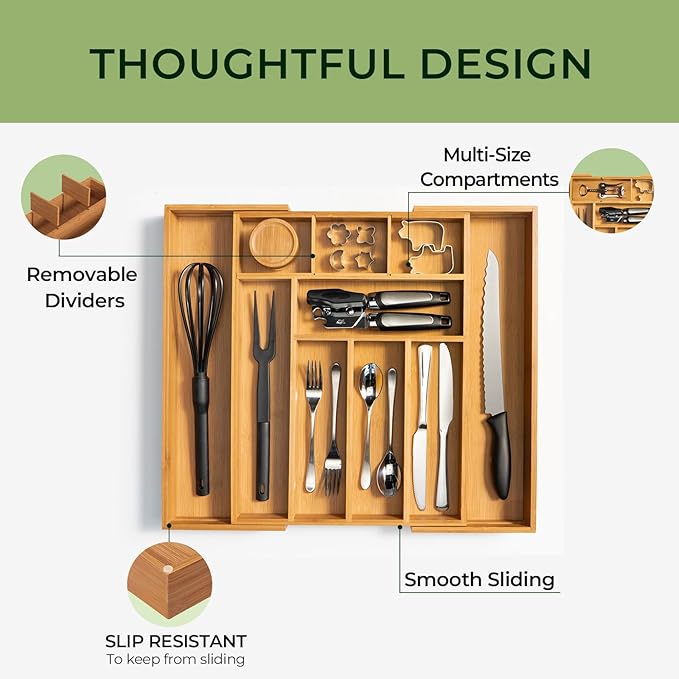 keechee Carbonized Bamboo Kitchen Drawer Organizer, 10 Slots Expandable Silverware Organizer, Utensil Holder & Cutlery Tray, 2.2" Deep for Extra Capacity, Non-Slip Feet Included