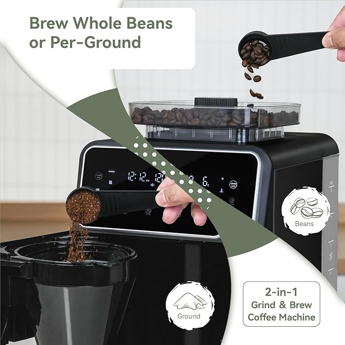 Gevi Grind & Brew Coffee Maker 10 Cup, Built-In Burr Grinder Drip Coffee Machine, Programmable Touch Screen, 4-Hour Warm Plate, Permanent Filter & Glass Carafe