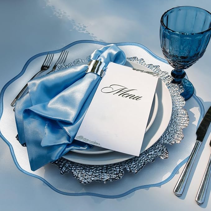 Set of 6 Scallop Linen Placemats, 15 Inch Blue and White Round Placemats Cotton Linen Table Mats Handcrafted Machine Washable Wrinkle Free Dining Placemat for Hotel Restaurant Kitchen