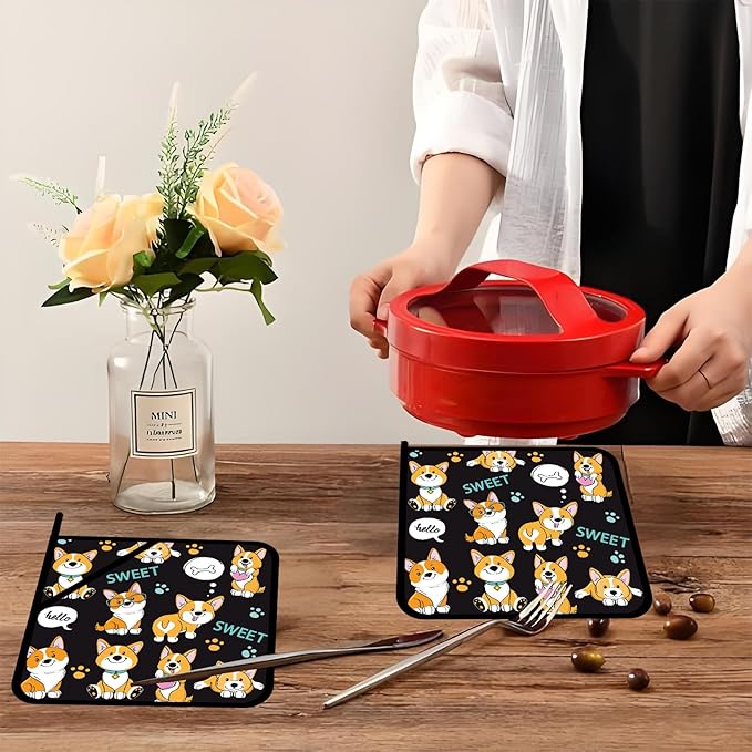 Cute Dogs Corgi Pot Holders 2 PCS,Kitchen Heat Resistant Hot Pads for Cooking Grilling Baking BBQ, Pot Holders for Women Cook Home Microwave