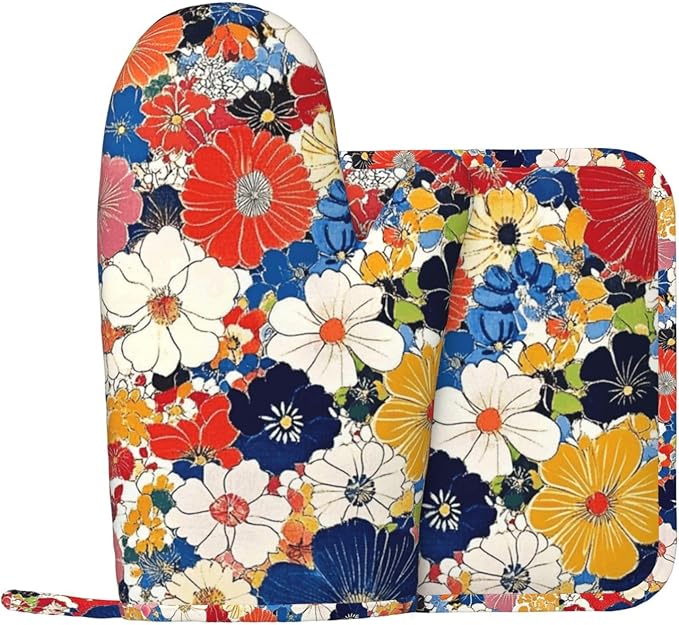 Oven Mitts and Pot Holders Colorful Flower Ethnic Art Silicone Kitchen Accessories Set of 2 Heat Resistant Long Gloves Potholder Non-Slip Grip for Chef Cooking,Baking,Grilling,BBQ