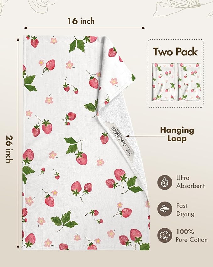 Miss Adola Cotton Kitchen Towels Set of 2 - Cute Design 16×26 Inch Dish Towels for Kitchen with Hanging Loop Strawberry Quick Dry Hand Towels Soft & Absorbent, Home Decorative, Terry Cloth Tea Towels