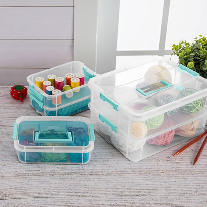 Sterilite 12 Pack Plastic Storage Box Container, 3 Layer, Stack and Carry, Clear/Blue