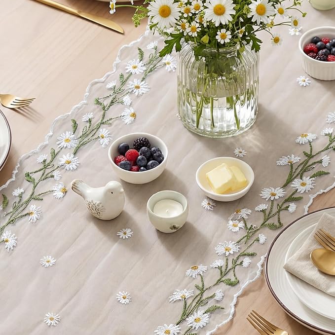 Artoid Mode Daisy Floral Milky White Shaped Gauze Embroidery Table Runner 120 Inch 10FT, Tulle Spring Summer Kitchen Dining Table Decor for Home Party