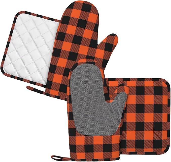 Buffalo Plaid Black and Orange Oven Mitts and Pot Holders Set, 4pcs Silicone Black Orange Plaid Oven Glove for Kitchen Heat Resistant Oven Mitts and Potholders Non-Slip for Cooking