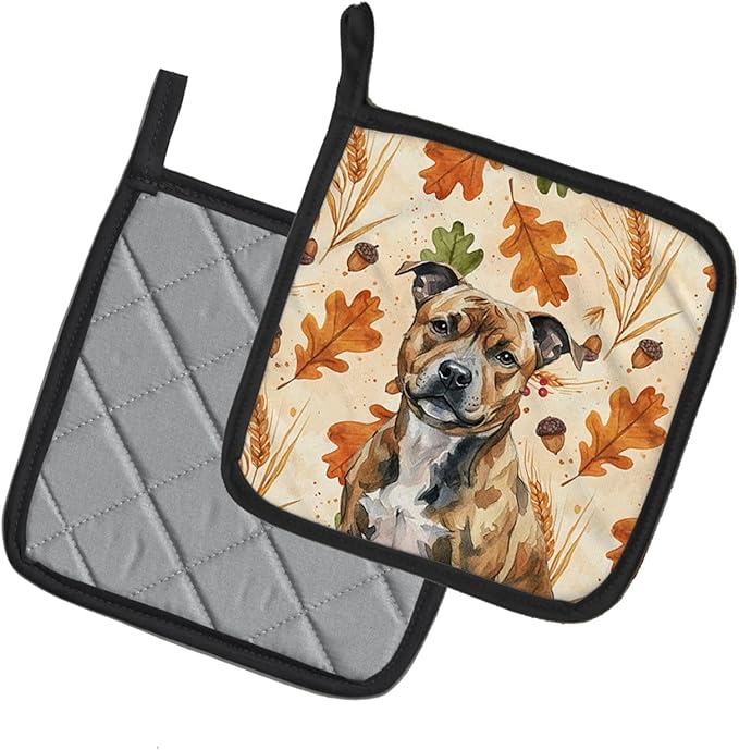 Caroline's Treasures Brindle Staffordshire Bull Terrier Heirloom Fall Pair of Pot Holders Pair 7.5x7.5 Quilted Insulated Hot Pads Decorative Kitchen Gift Made in USA