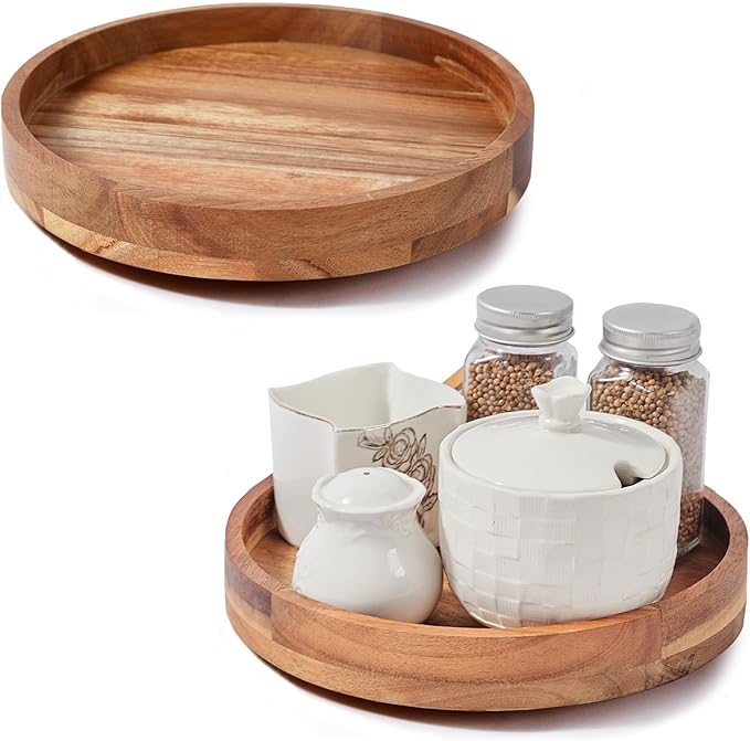 [ 2 Pack ] 12 Inch Acacia Wood Lazy Susan Organizer for Cabinet, Lazy Susan Turntable for Countertop Table Pantry, Kitchen Turntable Storege Container
