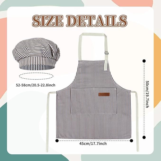 2 Pack Kids Chef Set, Striped Apron & Hat with Pockets, Adjustable Baking Smock for Boys & Girls