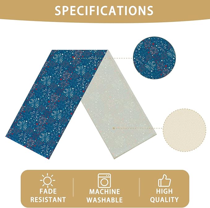 4July Blue Firework Burlap Table Runner Seasonal Spring Fall Kitchen Dining Linen Table Decoration for Indoor Outdoor Home Party Dinner 13x72 Inch