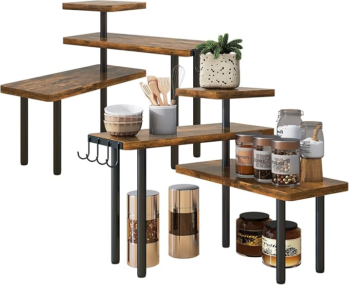 IBUYKE Countertop Organizer,3-Tier Spice Racks,Set of 2,Kitchen Counter Corner Shelf,4 Side Hooks,Adjustable Countertop Shelf for Kitchen, Bathroom, Coffee Bar, Cabinet, Desk,Rustic Brown,TLJ023H-2