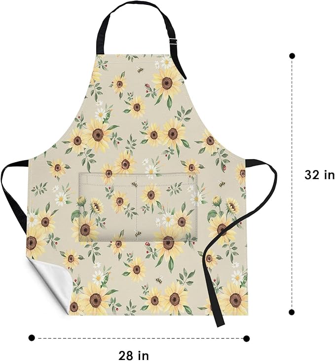 Britimes Sunflower Flower Summer Vintage Spring Apron Home Kitchen Cooking Baking Gardening for Women Men with Pockets 32x28 inch