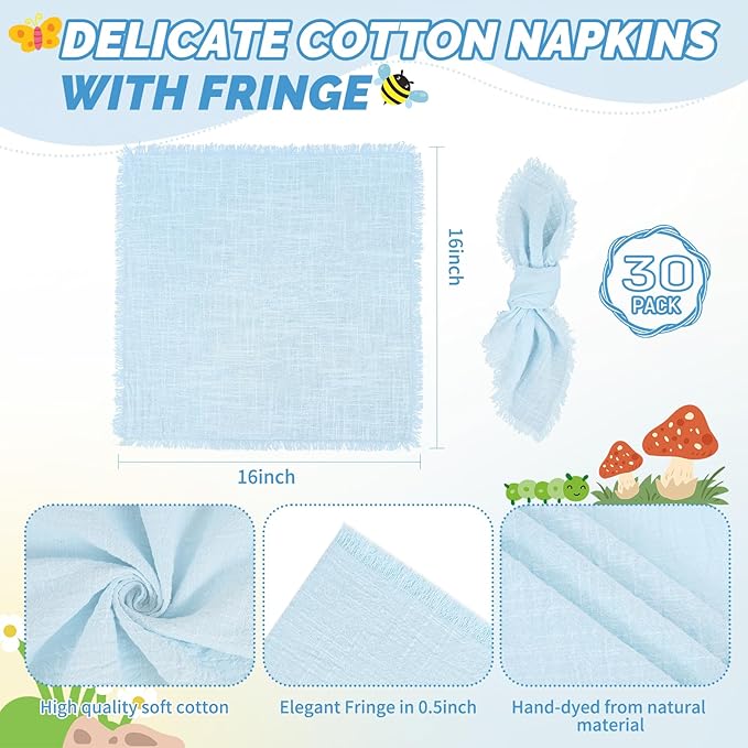 Showgeous 30 Pack Light Blue Cloth Napkins with Fringe 16x16 inch 100% Cotton Blue Napkins Handmade Dinner Napkins Bulk Washable Soft Rustic Table Napkins for Wedding Parties Bridal Baby Shower