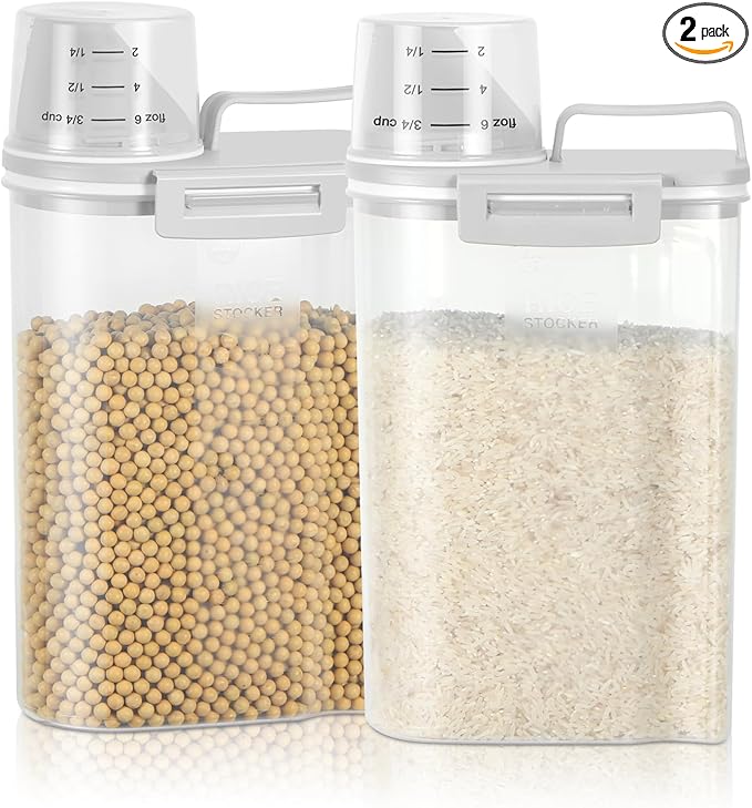 TBMax Rice Storage Container 2 Pack, Plastic Kitchen Pantry Food Storage Container with Cup, Small Pet Dog Cat Food Container Dispenser