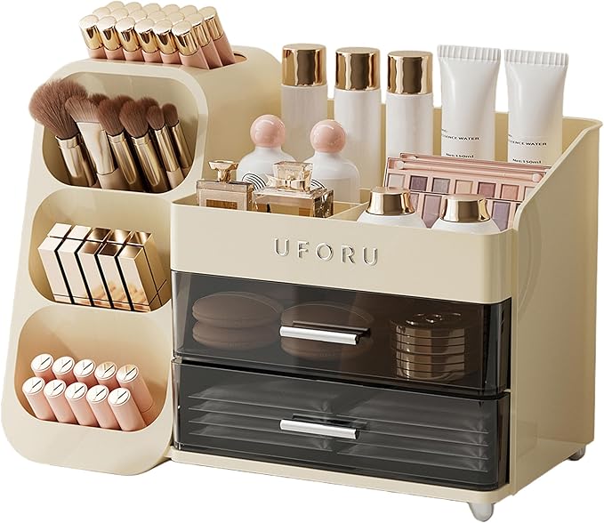 Makeup Organizer for Vanity with Brush Holder, Large Plastic Bathroom Countertop Skincare Organizer with 2 Drawers, Spacious Cosmetic Display Case for Perfumes, Eyeshadow Palettes, Nail Polishes