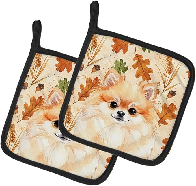 Caroline's Treasures Pomeranian Heirloom Fall Pair of Pot Holders Pair 7.5x7.5 Quilted Insulated Hot Pads Decorative Kitchen Gift Made in USA