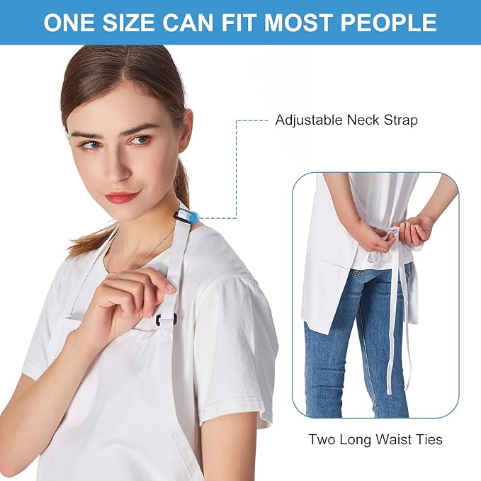Jubatus 2 Pack 3 Pockets 100% Cotton Adjustable Bib Apron Chef Kitchen Cooking Aprons for Women Men, White