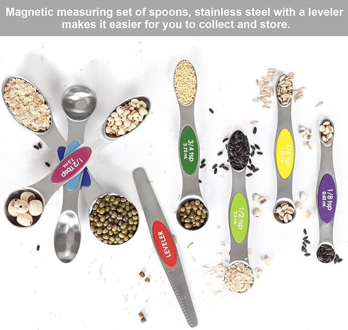 Multicolor Magnetic Measuring Spoons Set with Leveler - Stainless Steel, Stackable, Fits Spice Jars - For Baking Kitchen