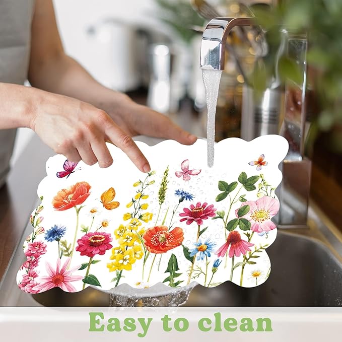 Spring Plastic Placemats Set of 6 Plastic Place Mats Watercolor Flowers Holiday Table Vinyl Placemats for Indoor Outdoor Summer Party Dining Table Decoration (Easily Wipes Clean)