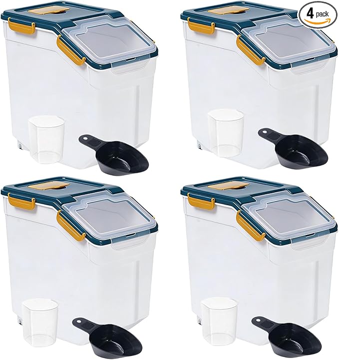 Saim Flour Storage Container 25lb, 4Pack Airtight Rice Storage Containers with Wheels, Measuring Cup, Scoop for Flour, Rice, Grain, Cereal, Dry Food Organizer (Dark Blue)