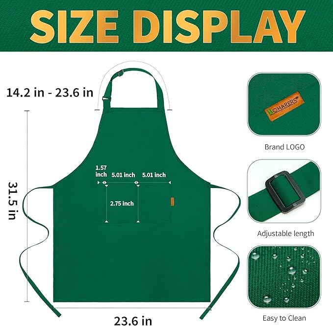 BOHARERS Green Aprons with Pockets - Restaurant Bib Apron for Work Home Kitchen Washable Chef Aprons Costume