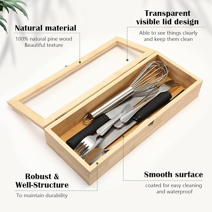 Baderke 2 Pieces Bamboo Drawer Organizer with Clear Lid Stackable Utensil Organizer Kitchen Silverware Holder Bamboo Flatware Cutlery Storage Box in Drawer