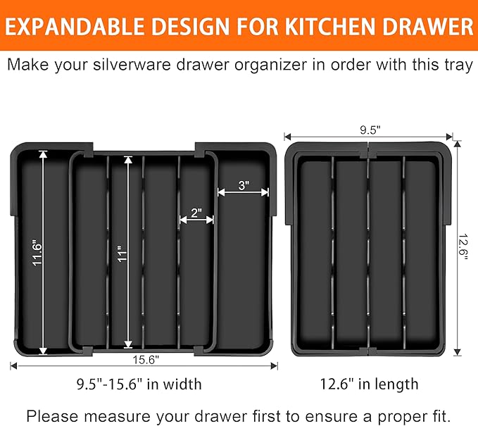 Spaclear Kitchen Silverware Organizer for Drawer - Expandable Silverware Drawer Organizer Adjustable Utensil Drawer Holder, Flatware Cutlery Tray for Spoons Forks Kitchen Organizers Storage,Black, S