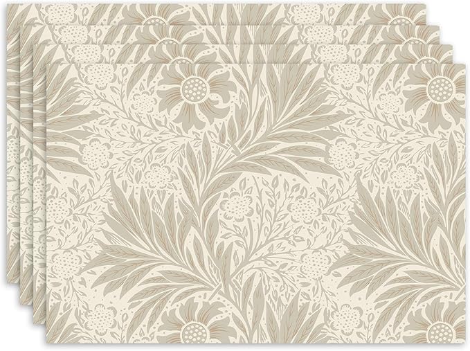 Set of 4 Floral Leaves Design Placemats, 12 x 18 Inch Rectangle Table Mats, Modern Linen Fabric Placemat for Indoor & Outdoor Kitchen Dining Home Decor -02