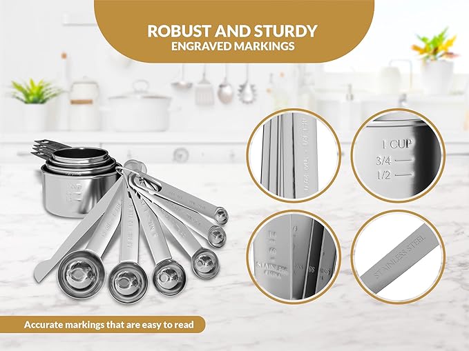 Stainless Steel Measuring Cups and Spoons Set 12 Piece Stackable Baking & Cooking Gadgets for Dry and Liquid Ingredients,Nesting Cups, Engraved Markings & Leveler,Dishwasher Safe Kitchen Tools
