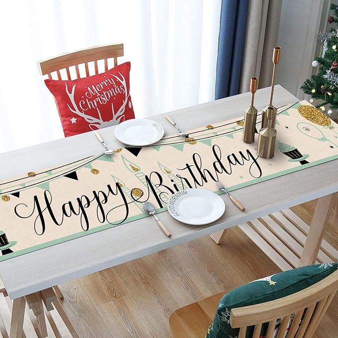 Happy Birthday Table Runner Cake Golden Balloon Pennant 13x72 Inch Polyester Linen Table Decoration for Kitchen Dinning, Indoor Outdoor Home Party Desktop Decor (Blue)