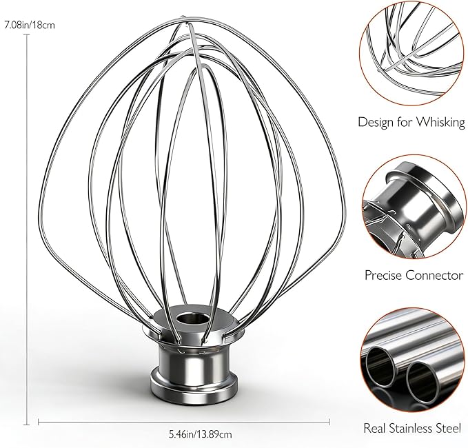 KN256WW Stainless Steel 6-Wire Mixer, for Kitchenaid Whisk Attachment, Compatible with 5plus-6Quart Bowl Lift Stand Mixer, Food Grade, Suitable for Mixing Cream and Cake, Dishwasher Washable