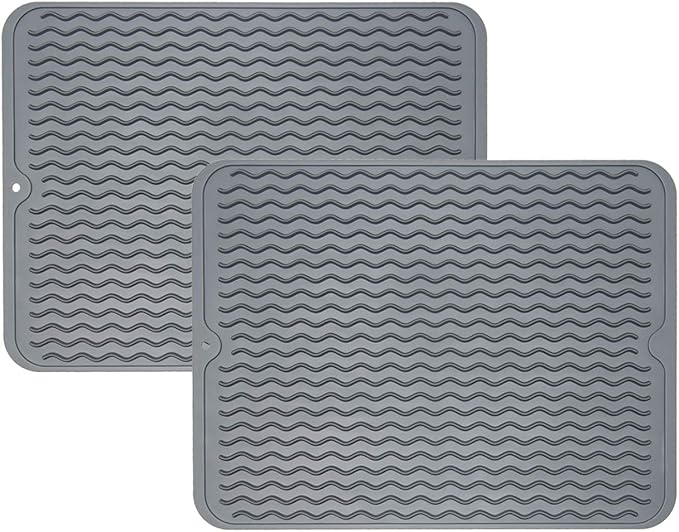 ZLR 2 Pcs Silicone Dish Drying Mat & Heat Resistant Trivet (12" x 16") - Waterproof Counter Protector for Coffee Maker - Non-Slip, BPA Free Kitchen Pad, Easy Clean Dishwasher Safe (Dark Gray)