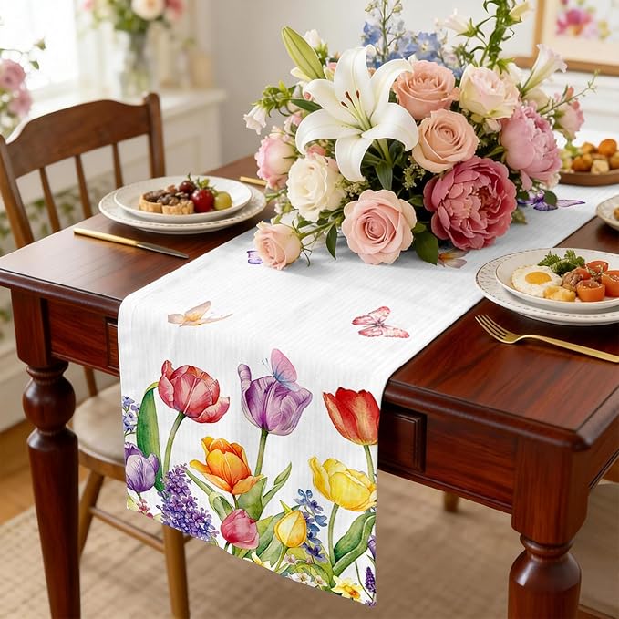 Tulips Table Runner, Spring Floral Table Runner 13x72 Inch, Pink Yellow Butterfly Pattern for Kitchen Dining Table, Indoor Outdoor Home Party Decor