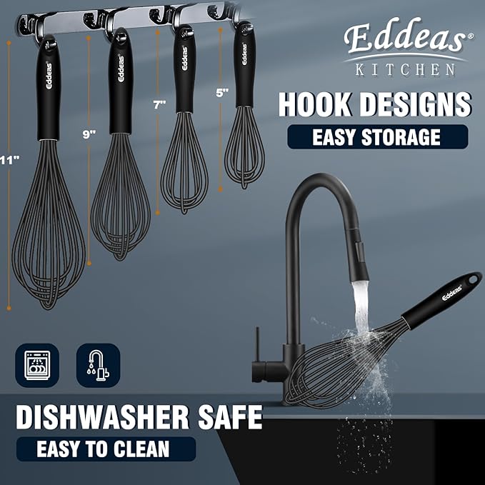 Eddeas Silicone Whisk - Non Scratch Whisks for Cooking, 500°F Heat Resistant Siliocne Wisk tool, Heavy Duty Kitchen Whisks, for Blending, Beating, set of 4 (5+7+9+11 inch) Black