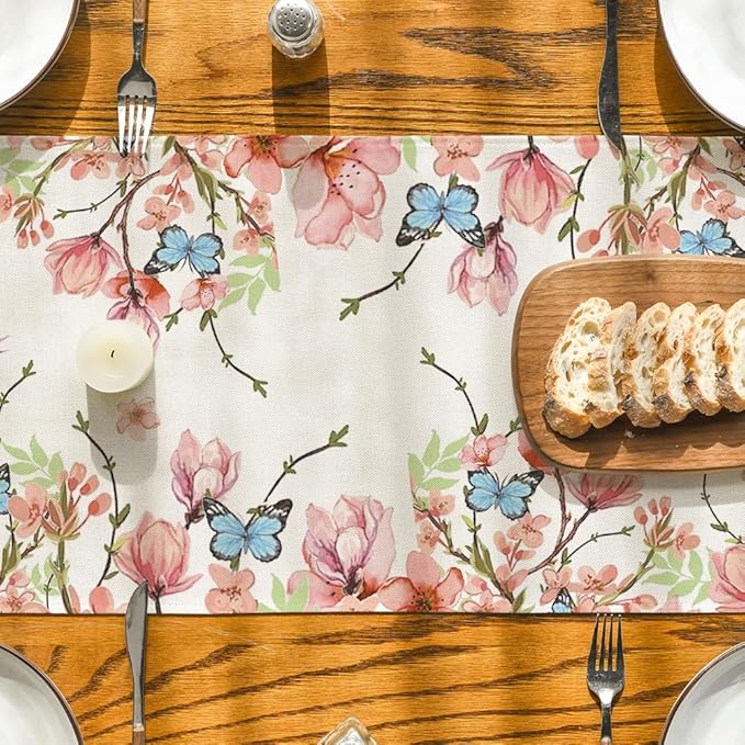 Artoid Mode Flowers Bird Butterfly Spring Table Runner, Seasonal Kitchen Dining Table Decoration for Home Party Decor 13x48 Inch