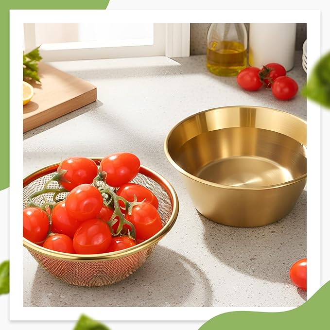 Baderke 2 Pcs Mini Colander & Food Strainer 304 Stainless Steel Small Mixing Colanders Bowl Rice Strainer for Kitchen Cooking Fruit Washing Vegetable(5.51 x 2.36 Inches,Gold)