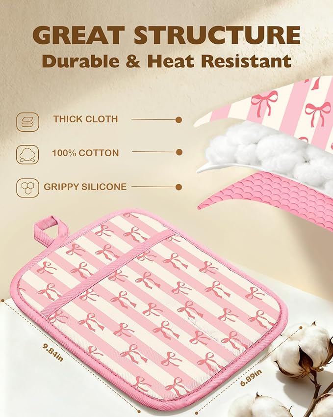 Slohif Silcone Bow Pot Holders for Kitchen - 100% Cotton Pink Cute Oven Potholders with Pockets, Heat Resistant Square Thick Hot Pads, House New Home Baking Baker Gifts,2pack