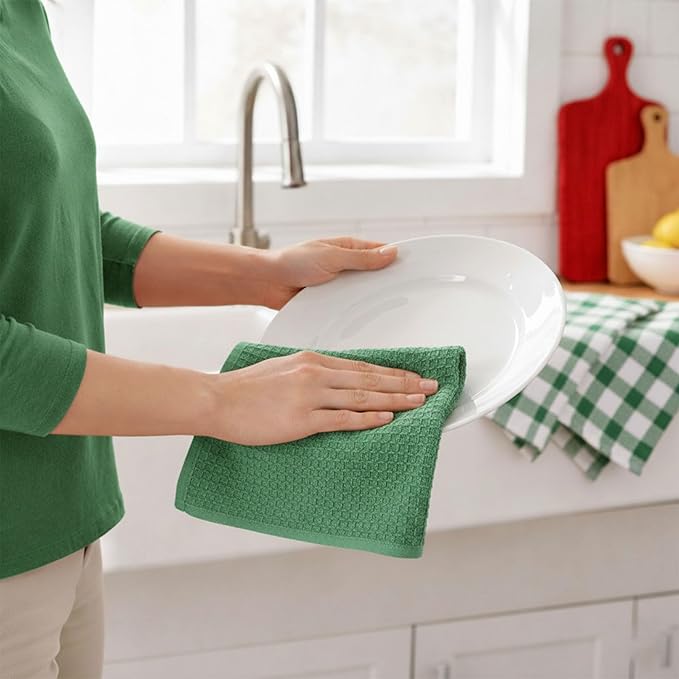 GOLD TEXTILES Kitchen Towels 6 Pack Premium 100% Cotton Dish Towels for Kitchen (15 x 25 Inches) Super Soft & Absorbent Kitchen Hand Towels for Drying Dishes, Cleaning - Reusable and Washable (Green)