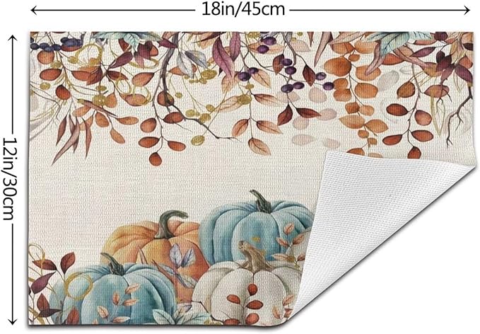 Fall Harvest Placemats 12x18 Inch Set of 4, Thanksgiving Pumpkin Table Place Mat Autumn Maple Leaves Washable Table Mats Decorative Linen Fabric Table Mat for Dining Table