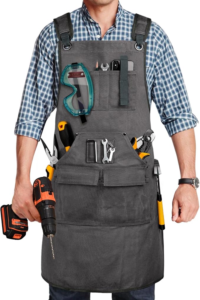Woodworking Apron for Men, Shop Apron 20 oz Canvas Work Apron with 9 Tool Pockets, Heavy Duty Wood Working Workshop Bib Apron for Carpenter Woodworker Blacksmith, Men Gift, Adjustable to S- 3XL, Grey