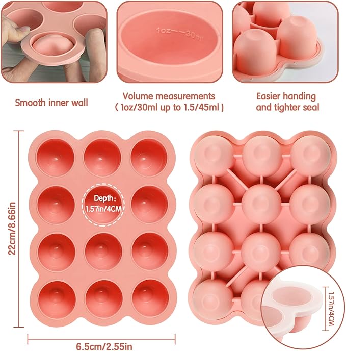 12x1.5oz Baby Food Storage Containers, Baby Food Freezer Tray with Clip Lid Gossamer Pink, Food Grade Silicone Freezer Trays for Purees & Vegetables