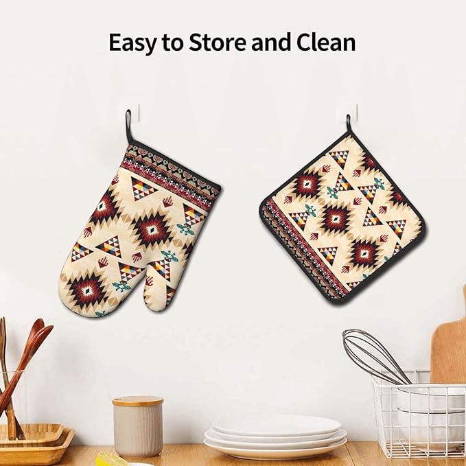 Southwestern Aztec Oven Mitts and Pot Holders Set of 3, Heat Resistant Non-Slip Navajo Pattern Oven Gloves with Hot Pad, Native American Boho Kitchen Decor Gloves for Chef Cooking Baking Grilling BBQ