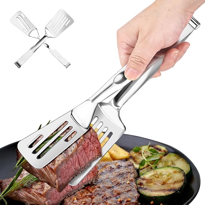 Nezylaf 2-in-1 Spatula Tongs, 11.8 Inch 304 Stainless Steel Kitchen Tongs for 12 Inch Cooking Use, Detachable Metal Tongs with Oil Drain Holes for Grilling Frying Steak